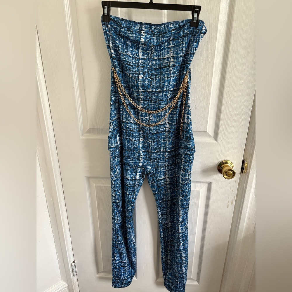 SHEIN Blue and Gold Jumpsuit with Abstract Pattern